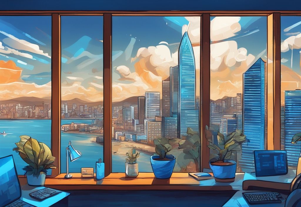Moderne digitale Malerei der Skyline von Puerto Rico mit Krypto-Elementen wie Bitcoin, Steuersymbolen und digitalen Bildschirmen mit Finanzdiagrammen, Puerto Rico Krypto Steuern.