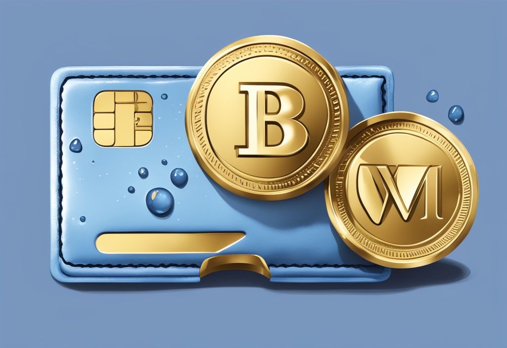 Moderne digitale Malerei mit blauem Farbschema, goldene Münze mit "BVM" fällt in digitale Geldbörse, symbolisiert BVM-Transaktionen