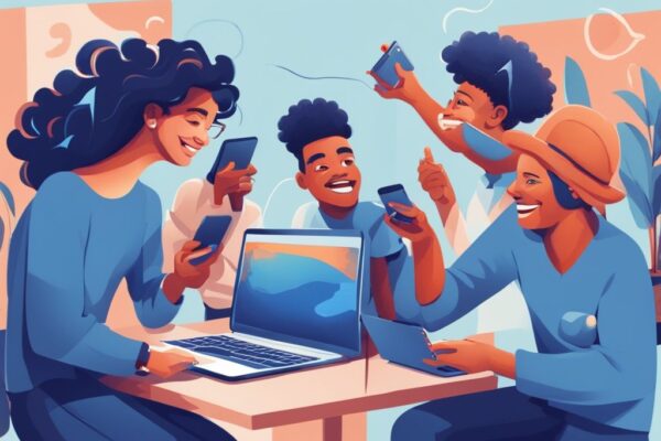 Moderne digitale Illustration mit Blau als Hauptfarbe, die eine diverse Gruppe von Menschen zeigt, die auf verschiedenen Geräten wie Laptops, Tablets und Smartphones begeistert die 3Commas Website erkunden; 3Commas Erfahrungen.