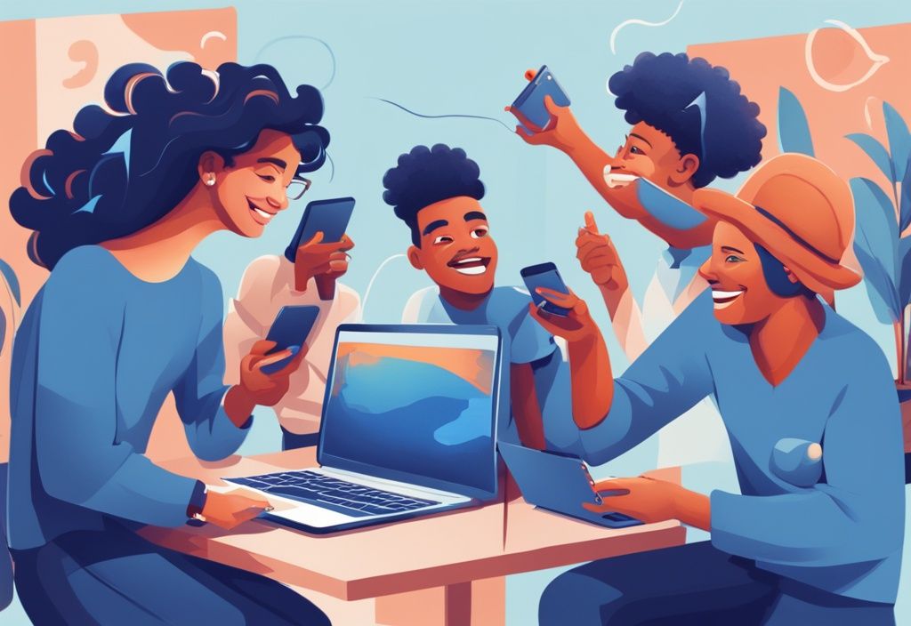 Moderne digitale Illustration mit Blau als Hauptfarbe, die eine diverse Gruppe von Menschen zeigt, die auf verschiedenen Geräten wie Laptops, Tablets und Smartphones begeistert die 3Commas Website erkunden; 3Commas Erfahrungen.