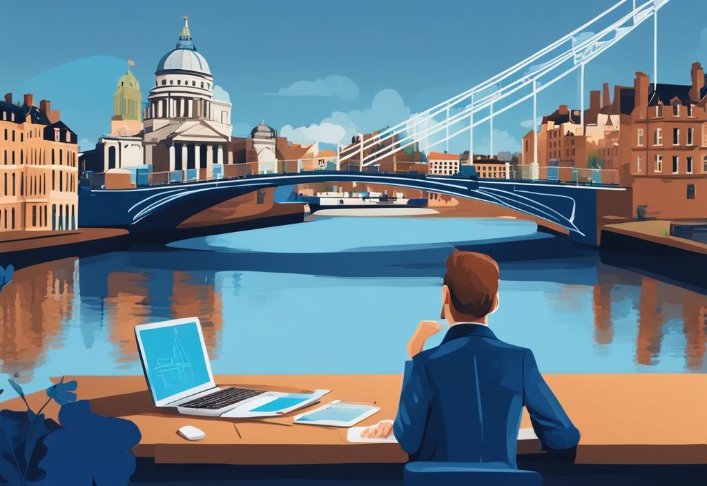 Moderne digitale Malerei in Blau mit einer Person, die Dokumente zur Kapitalertragssteuer analysiert; im Hintergrund irische Wahrzeichen wie die Ha'Penny-Brücke und das Dublin Castle.