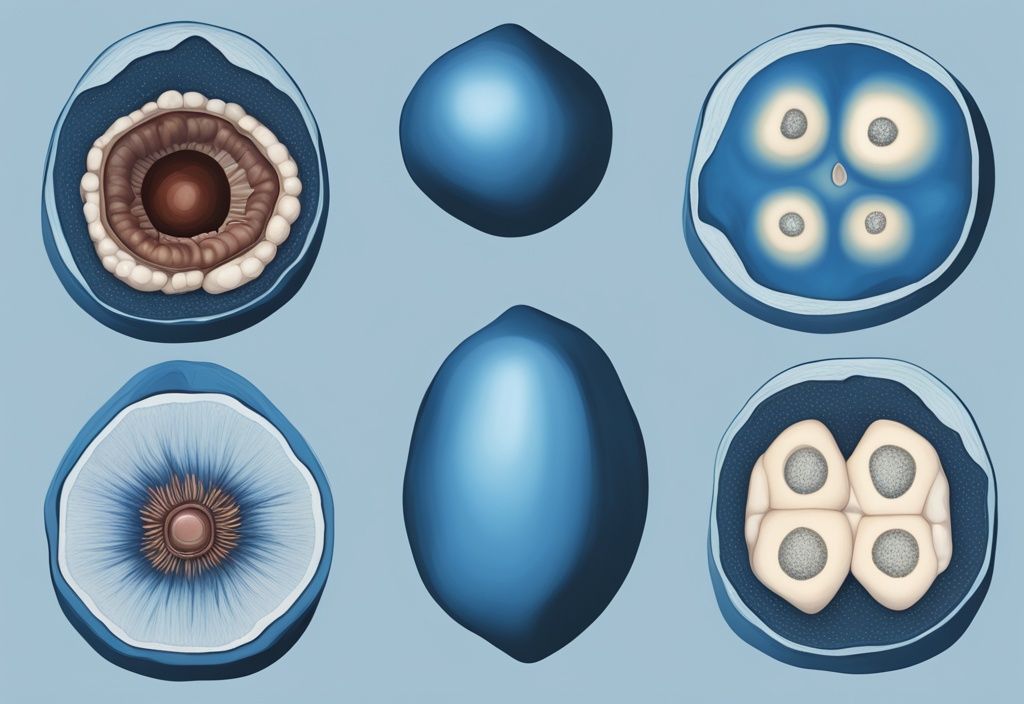Moderne digitale Malerei, Querschnitt eines Samens, zeigt Außenschale, Samenschale, Embryo und Endosperm, Hauptfarbthema Blau