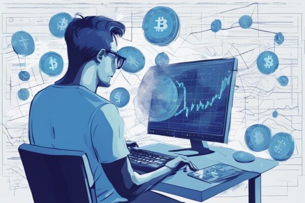 Moderne digitale Illustration in Blau: Verwirrte Person analysiert Computerbildschirm mit Kryptowährungsdiagrammen und hervorgehobenem Steuerformular, muss man Einnahmen aus Crypto nochmal versteuern