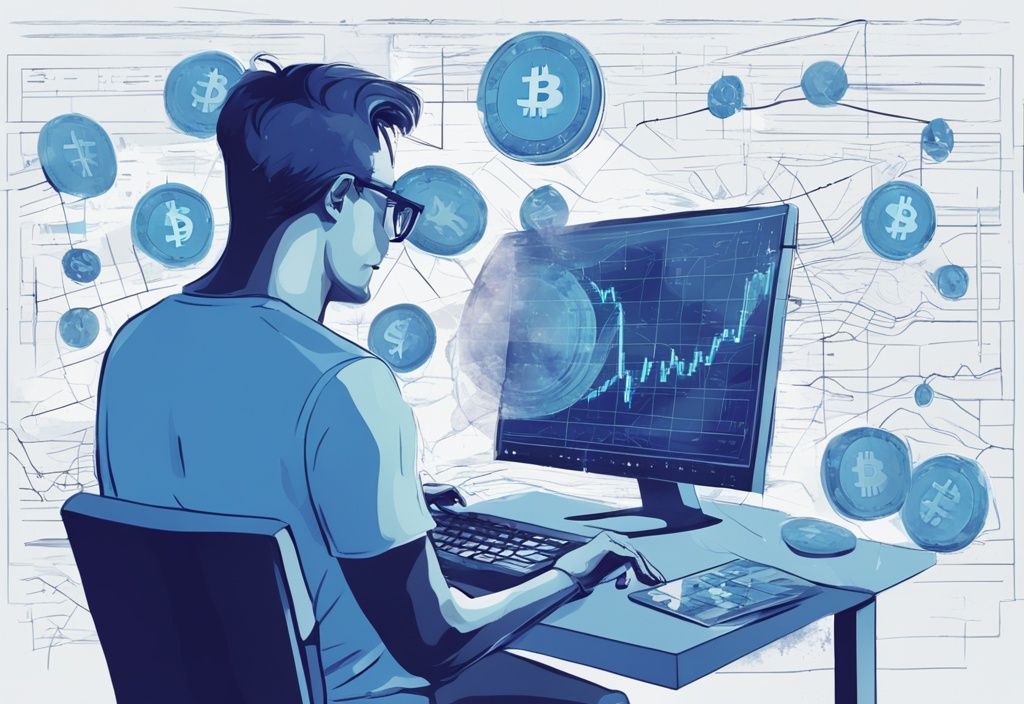 Moderne digitale Illustration in Blau: Verwirrte Person analysiert Computerbildschirm mit Kryptowährungsdiagrammen und hervorgehobenem Steuerformular, muss man Einnahmen aus Crypto nochmal versteuern