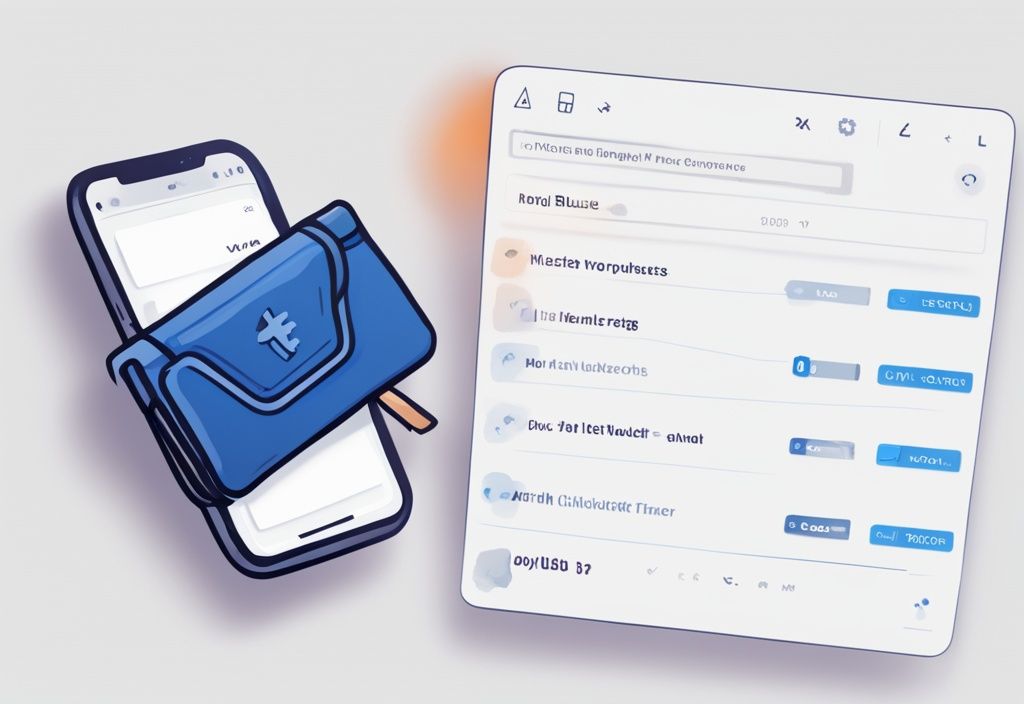 Moderne digitale Malerei mit blauem Farbschema, zeigt Exodus Wallet Test Interface, umgeben von einer Checkliste mit Häkchen für bestandene Tests.