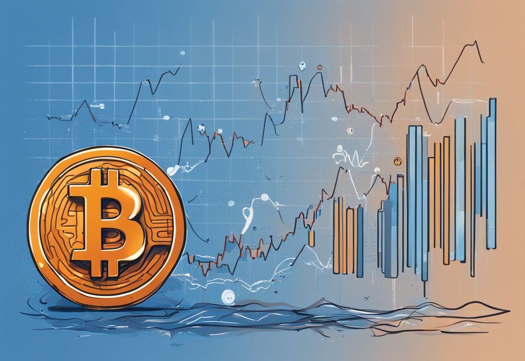 Moderne digitale Illustration mit blauem Farbschema, zeigt Bitcoin-Hashrate-Grafik vor einem Hintergrund diverser digitaler Währungssymbole.