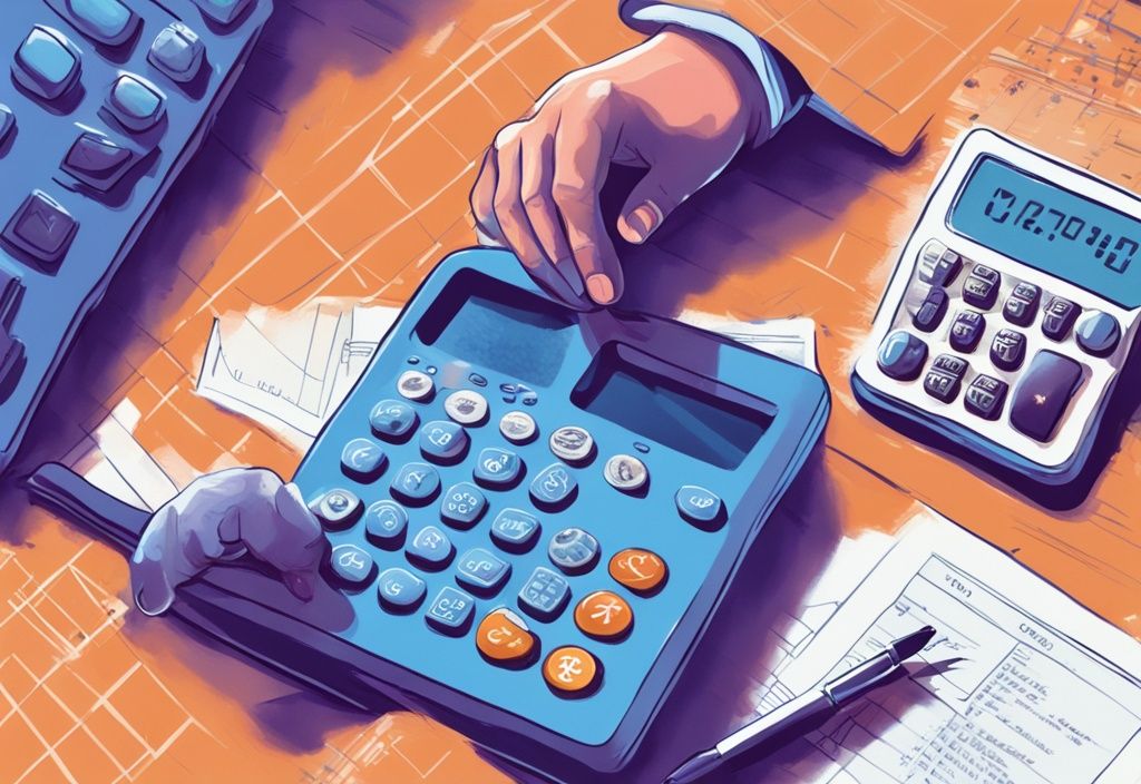 Moderne digitale Malerei mit blauem Farbschema, Hand hält Bitcoin, Steuerformular und Taschenrechner im Hintergrund