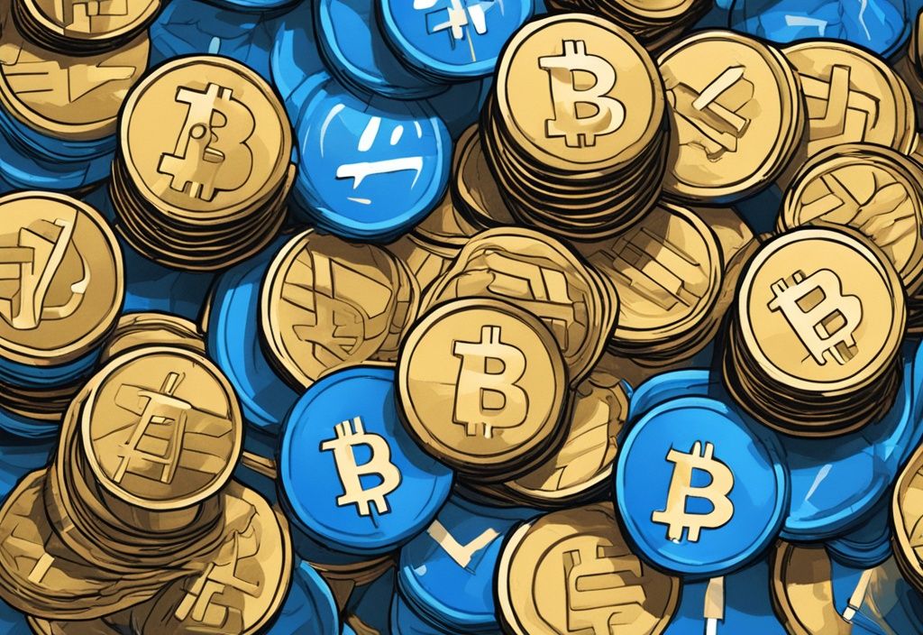 Moderne digitale Malerei mit blauem Farbschema, zeigt Stapel von Kryptowährungen, die sich in zehn Haufen vervielfachen, symbolisiert das Konzept "10x" im Kryptowährungshandel.
