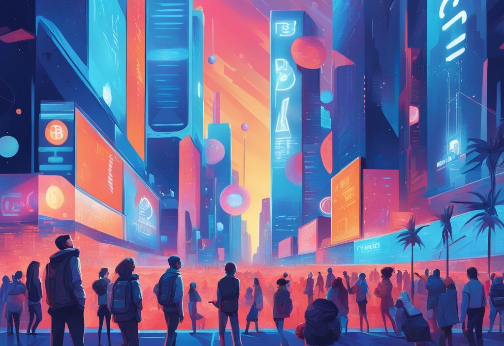 Moderne digitale Malerei einer futuristischen Stadtlandschaft mit Menschen, die eine digitale Werbetafel mit Kryptowährungen 2024 betrachten, Hauptfarbe Blau