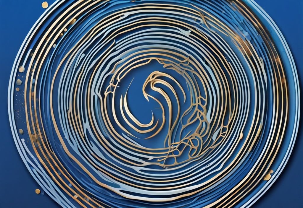 Moderne digitale Malerei mit blauem Farbschema, abstrakte Darstellung einer Münze mit verschlungenen Linien, symbolisiert die Komplexität und Vernetzung der digitalen Kryptowährung Entangle Coin.