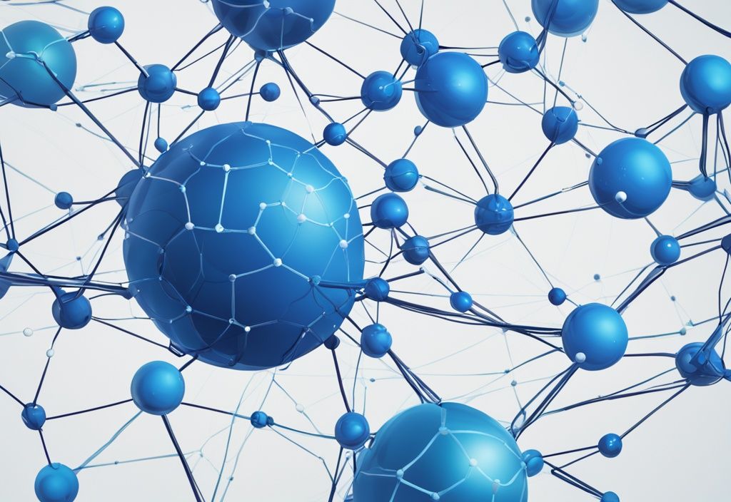 Moderne digitale Malerei mit blauem Farbschema, zeigt ein Netzwerk aus verbundenen Kugeln, symbolisiert Knoten in einem System mit Linien, die die Verbindungen darstellen.
