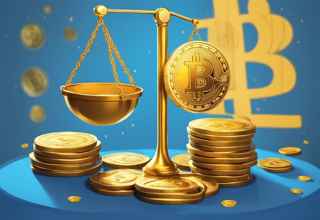 Moderne digitale Malerei mit blauer Farbgebung, zeigt eine Waage mit vielen goldenen Münzen und Kryptowährungssymbolen, die das Konzept der Krypto-Leverage veranschaulicht.