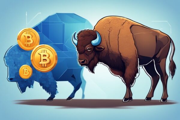 Einfacher Leitfaden: Bison Bitcoin sicher auf Wallet übertragen Moderner digitaler Bison überträgt Bitcoin auf Wallet durch gesicherten Blockchain-Prozess, Hauptfarbe Blau.