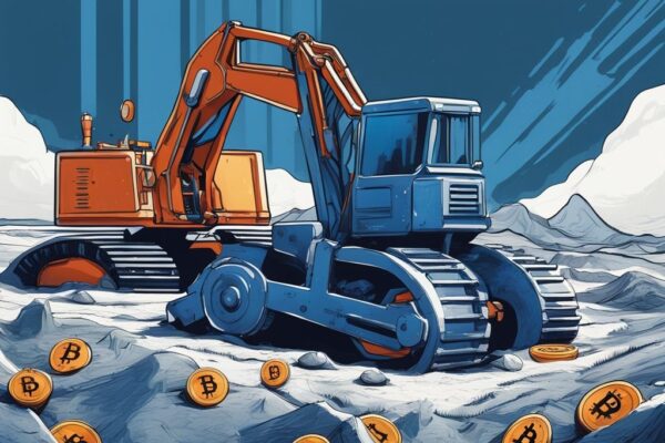 Moderne digitale Malerei mit blauem Farbschema: Eine halb vergrabene, vintage mechanische Grabmaschine in einer digitalen Landschaft zieht den letzten glänzenden Bitcoin heraus, was die Frage aufwirft, wann wird der letzte Bitcoin geschürft.