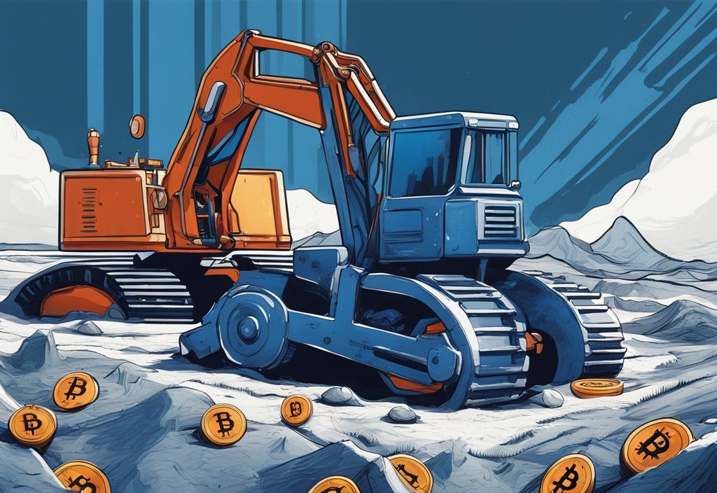 Moderne digitale Malerei mit blauem Farbschema: Eine halb vergrabene, vintage mechanische Grabmaschine in einer digitalen Landschaft zieht den letzten glänzenden Bitcoin heraus, was die Frage aufwirft, wann wird der letzte Bitcoin geschürft.