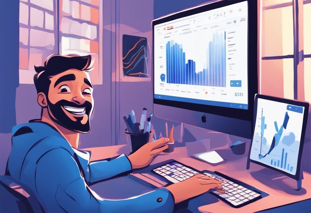 Moderne digitale Malerei mit blauem Farbschema, Investor lächelt zufrieden auf Coinrule-App mit Datencharts am Desktop.