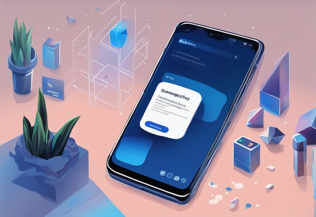 Moderne digitale Malerei mit blauem Farbschema, Samsung-Smartphone mit geöffneter Samsung Blockchain Keystore App, zeigt die Benutzeroberfläche und Funktionen, was ist Samsung Blockchain Keystore.