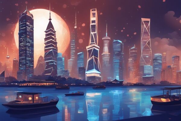 Moderne digitale Illustration mit blauem Farbschema, zeigt die Skyline von Shanghai, überlagert mit leuchtenden Ethereum-Münzen und Codeschnipseln, symbolisiert das Ethereum Shanghai Update.