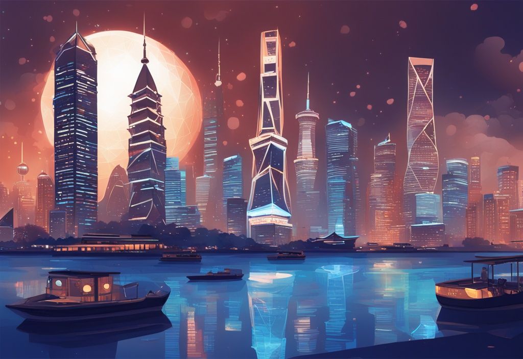 Moderne digitale Illustration mit blauem Farbschema, zeigt die Skyline von Shanghai, überlagert mit leuchtenden Ethereum-Münzen und Codeschnipseln, symbolisiert das Ethereum Shanghai Update.