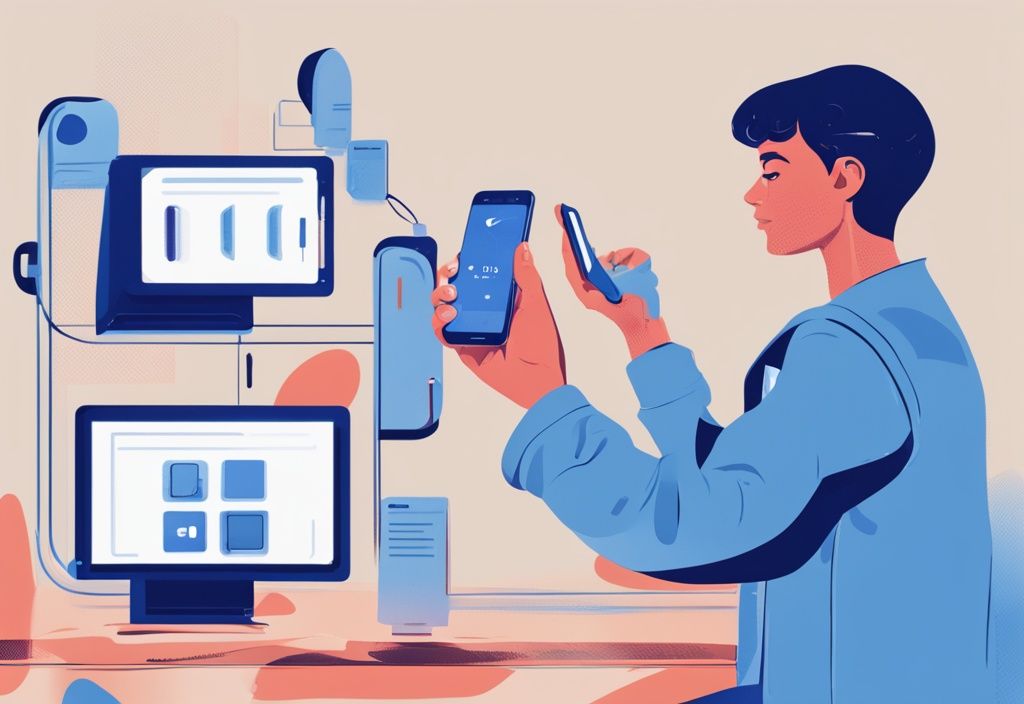 Moderne digitale Illustration einer Person, die die Sicherheit und Benutzerfreundlichkeit der Muun Wallet App auf ihrem Smartphone testet, mit blauem Farbschema.