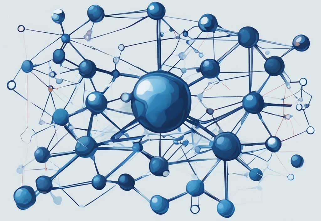 Moderne digitale Malerei mit blauer Farbthematik, zeigt ein Netzwerk aus Knoten und Modulen, zentriert auf 'Nodex', symbolisiert ein komplexes System – was ist Nodex?