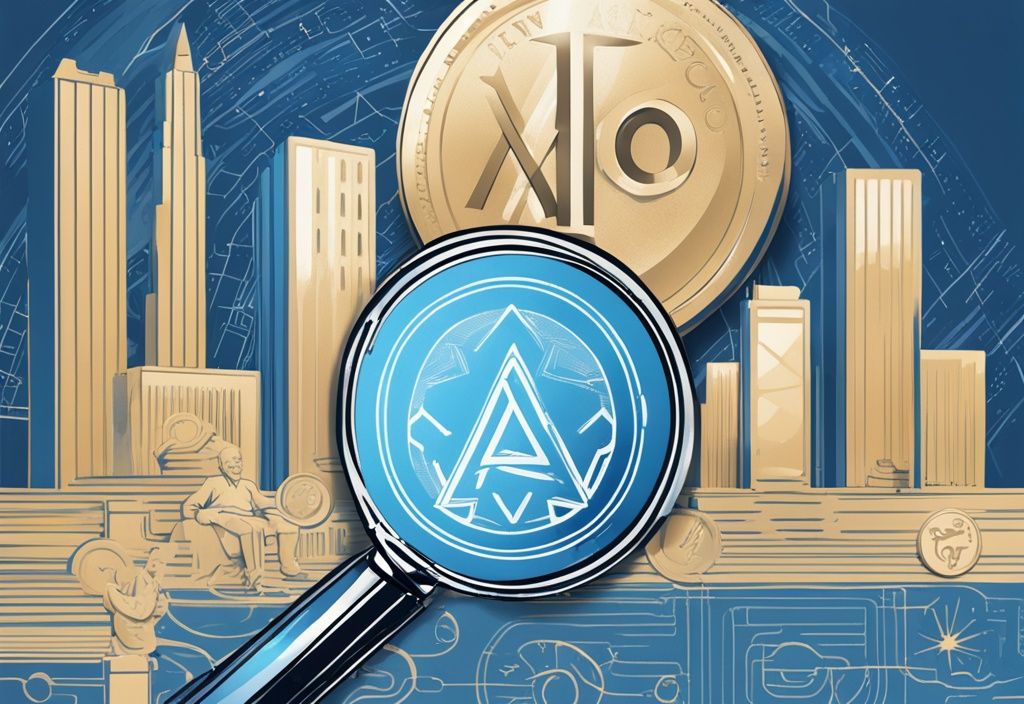 Moderne digitale Illustration eines glänzenden Axo Coins unter einer Lupe mit einem Infografik-Seitenpanel; was ist Axo Coin