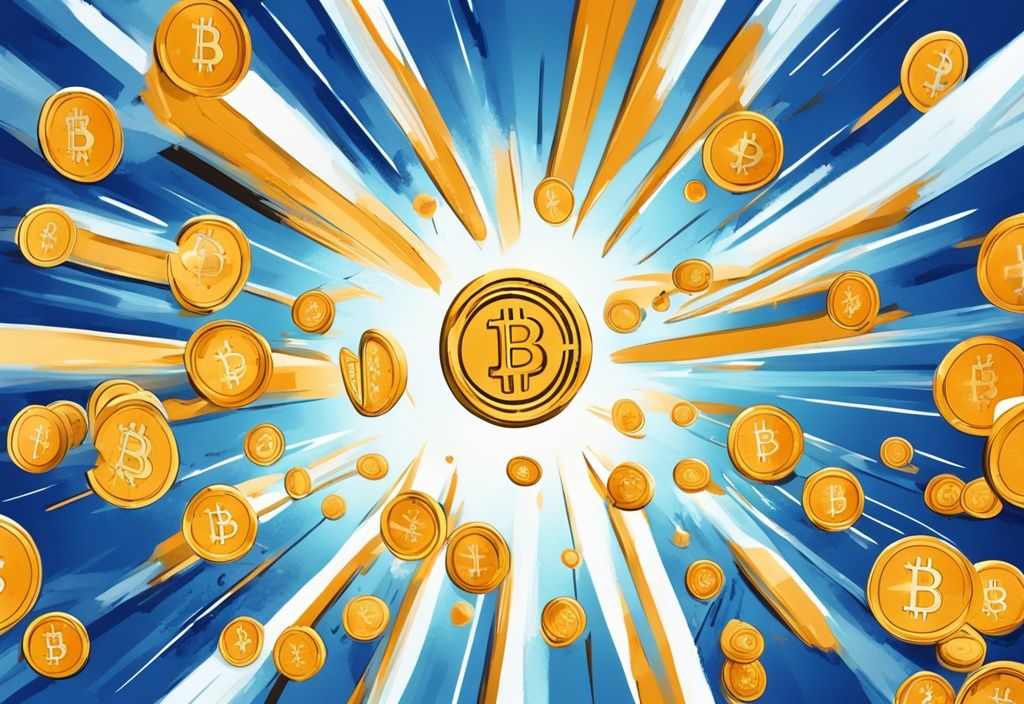 Digitale Illustration von Bitcoins mit Transaktionspfeilen und Preisschild, blaue Farbgebung