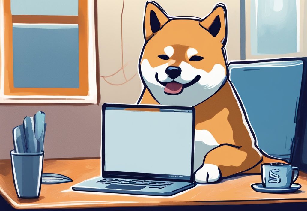 Moderne digitale Malerei mit blauem Farbschema, zeigt einen verspielten Shiba Inu Hund hinter einem Laptop, auf dessen Bildschirm eine Dogecoin-Münze angezeigt wird.