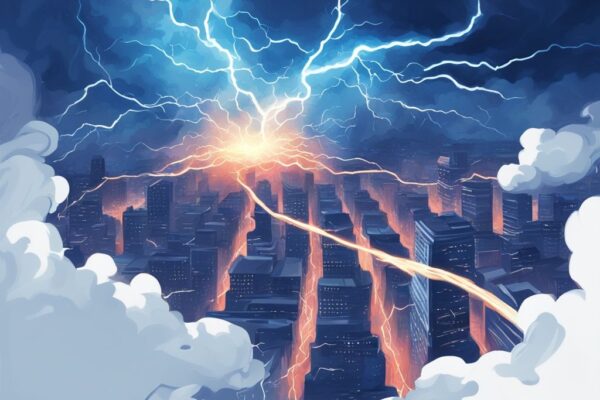 Moderne digitale Malerei mit blauem Farbschema, lebendige Darstellung von ineinander verschlungenen Blitzen, die von einer Wolke ausgehen und ein komplexes Lightning Netzwerk über einer Stadt bilden.