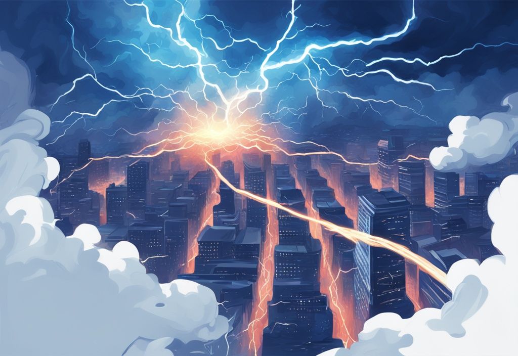 Moderne digitale Malerei mit blauem Farbschema, lebendige Darstellung von ineinander verschlungenen Blitzen, die von einer Wolke ausgehen und ein komplexes Lightning Netzwerk über einer Stadt bilden.