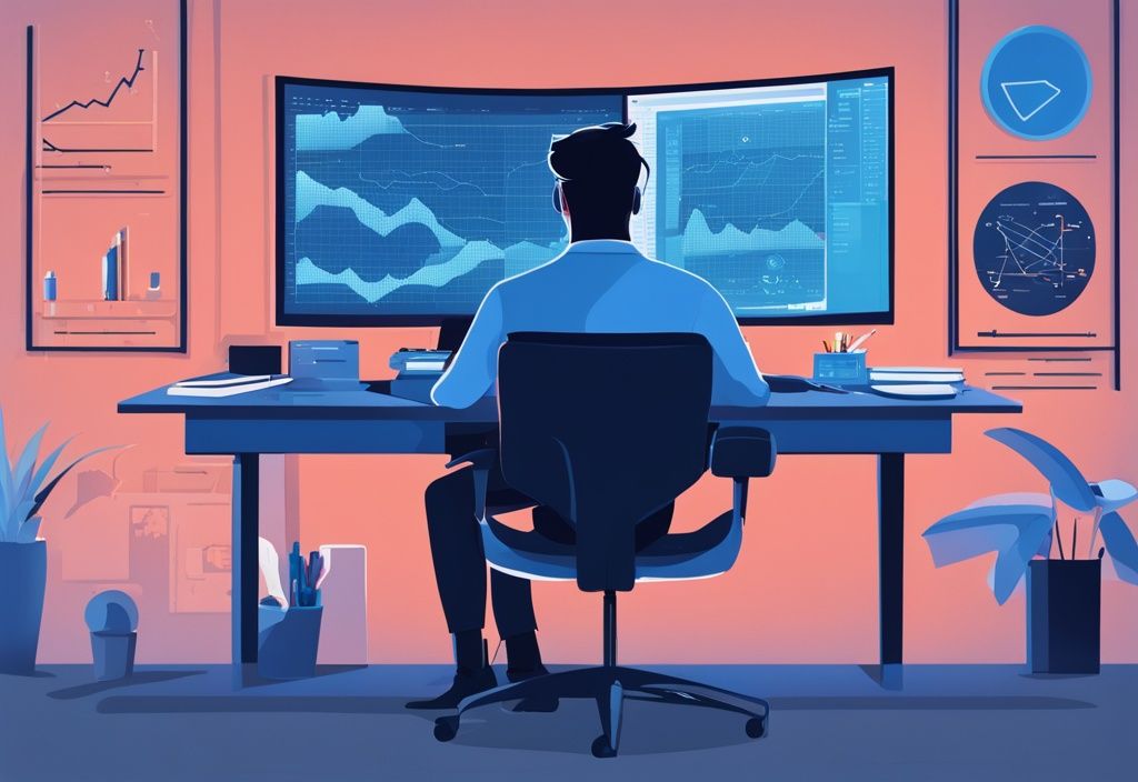Moderner digitaler Gemäldeillustration eines selbstbewussten Blockchain-Entwicklers an einem modernen Arbeitsplatz mit einem digitalen Bildschirm, der ein hohes Gehalt symbolisiert.