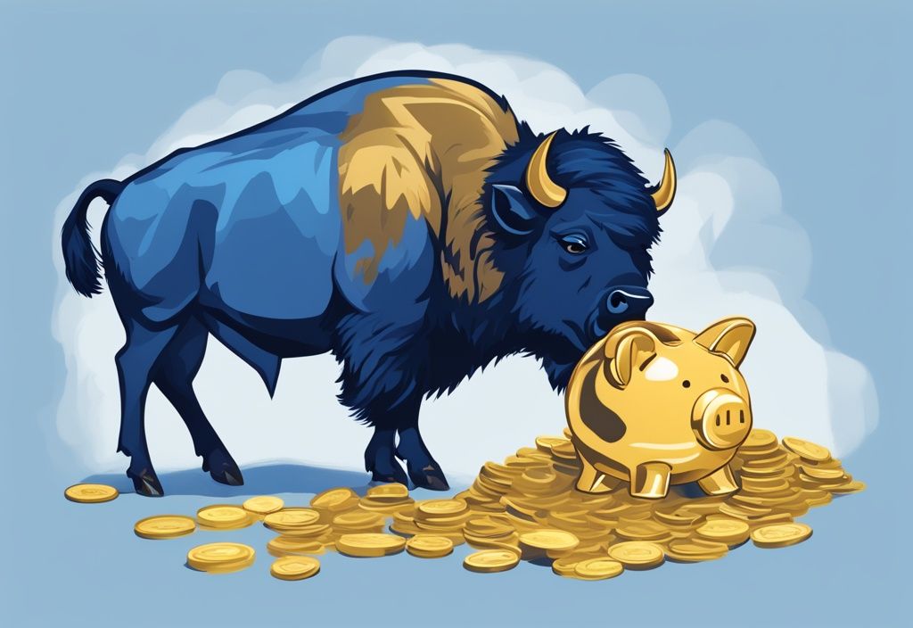 Moderner digitaler Malerei-Illustration: Ein Bison, der eine goldene Münze in ein transparentes Sparschwein einwirft, das sich allmählich mit weiteren Goldmünzen füllt. Bison Sparplan.