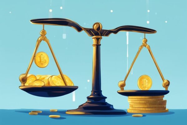 Moderne digitale Malerei mit einer Waage, auf der einen Seite ein physischer Goldbarren und auf der anderen Seite ein Stapel leuchtender digitaler Münzen, die Krypto Hebelwirkung symbolisieren.