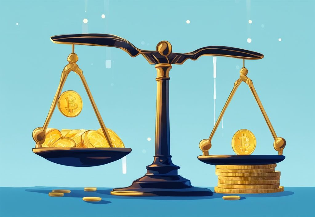 Moderne digitale Malerei mit einer Waage, auf der einen Seite ein physischer Goldbarren und auf der anderen Seite ein Stapel leuchtender digitaler Münzen, die Krypto Hebelwirkung symbolisieren.