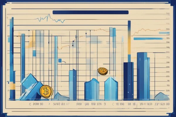 Moderne digitale Malerei mit blauem Farbschema, zeigt ein Balkendiagramm über den Anstieg und Fall der Spekulationssteuer Krypto im Laufe der Zeit, verschiedene Kryptowährungen hervorgehoben, um ihre Wertänderungen darzustellen.