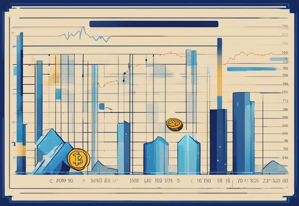 Moderne digitale Malerei mit blauem Farbschema, zeigt ein Balkendiagramm über den Anstieg und Fall der Spekulationssteuer Krypto im Laufe der Zeit, verschiedene Kryptowährungen hervorgehoben, um ihre Wertänderungen darzustellen.