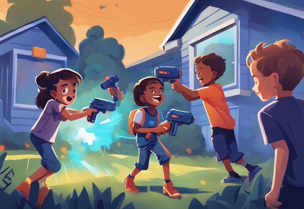 Kinder spielen begeistert im Vorstadtgarten mit Nerf Miner V2 Blastern, moderne digitale Illustration in Blau.