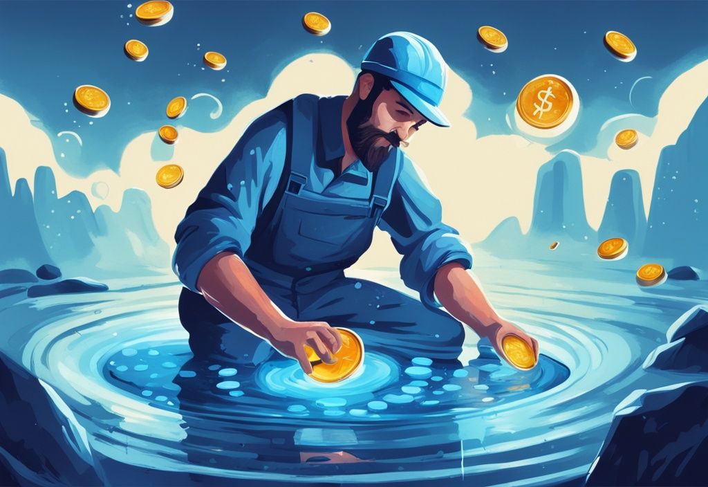 Moderner digitaler Gemäldeillustration eines begeisterten Miners, der Münzen aus einem leuchtenden Liquiditätspool extrahiert, symbolisiert hohe Renditen, Hauptfarbe Blau.