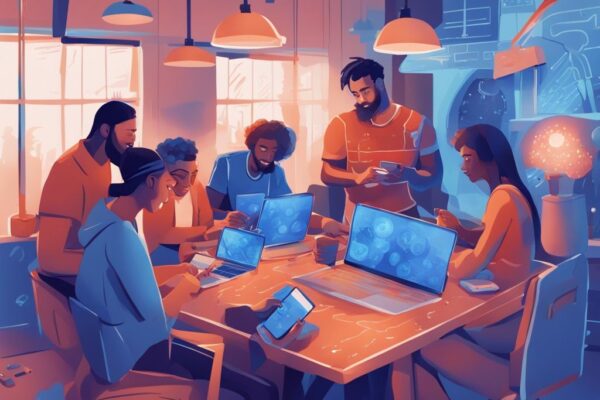 Moderne digitale Illustration in Blau mit einer vielfältigen Gruppe von Menschen, die auf verschiedenen digitalen Geräten ihre Coinrule Erfahrungen teilen.