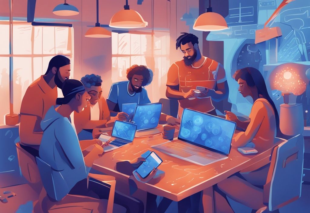 Moderne digitale Illustration in Blau mit einer vielfältigen Gruppe von Menschen, die auf verschiedenen digitalen Geräten ihre Coinrule Erfahrungen teilen.