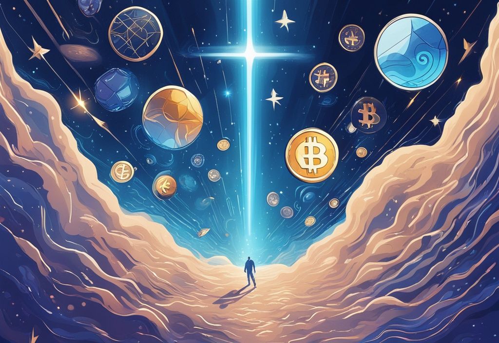 Moderne digitale Malerei mit blauem Farbschema, verschiedene Kryptowährungen schweben im Weltraum und bewegen sich auf eine gravierte "2024" im sternenbedeckten Hintergrund zu, welche Krypto kaufen 2024.