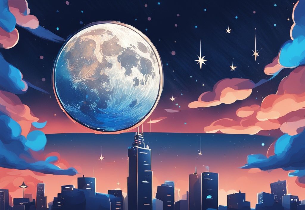Digitale Illustration einer SafeMoon-Münze, die vor einem sternenklaren Nachthimmel aufsteigt, Hauptfarbthema Blau