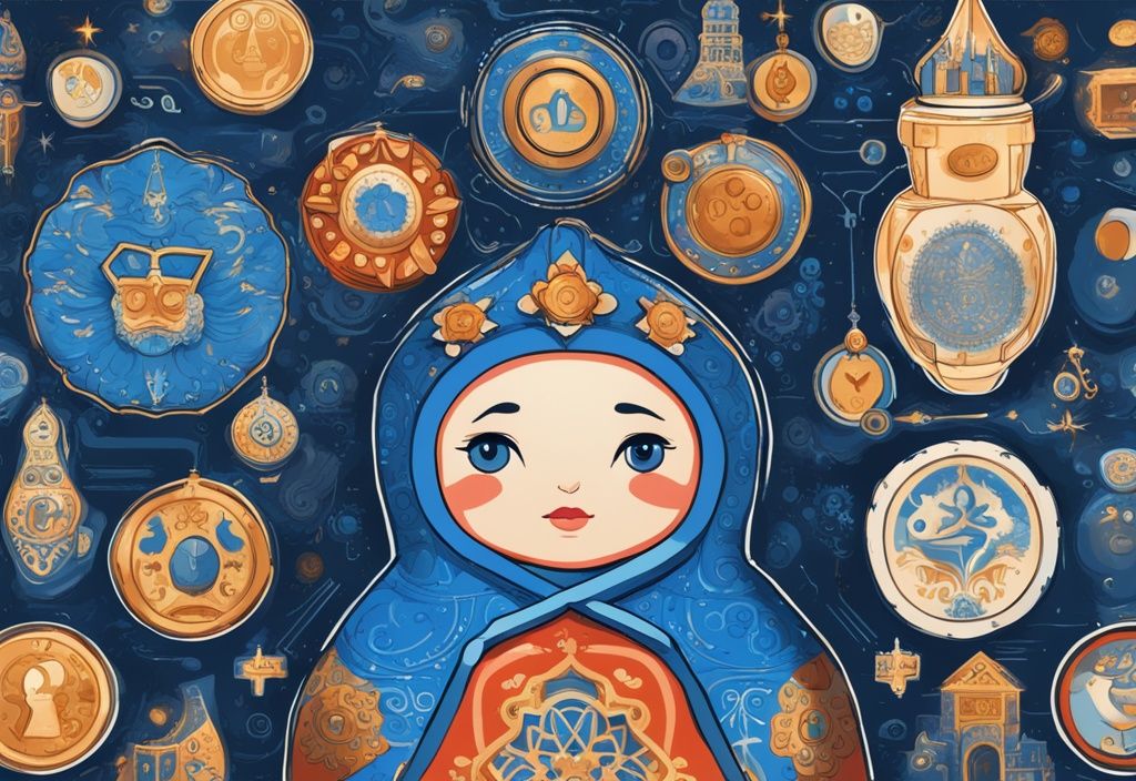 Moderne digitale Illustration mit blauem Farbschema, die traditionelle russische Symbole wie Matroschka-Puppe und Kreml mit modernen Elementen wie digitalen Münzen, Bits und Blockchain-Mustern verbindet, um Russlands Reise in die Welt der russischen Kryptowährungen darzustellen.
