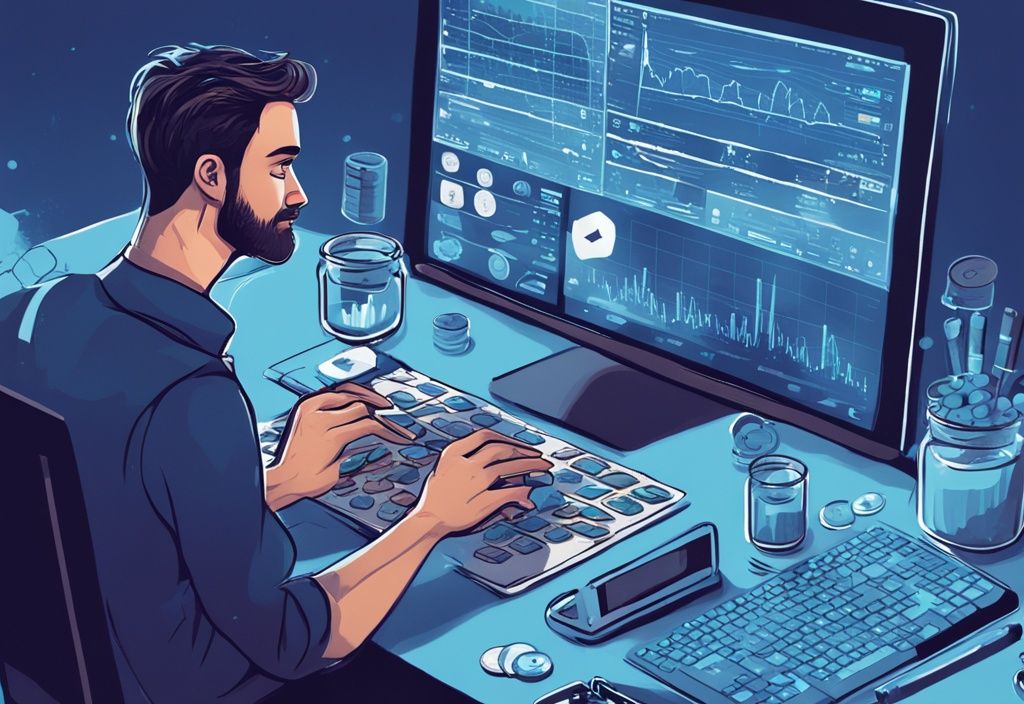 Anfänger-Investor analysiert Kryptowährungscharts auf Bildschirm, digitale blaue Illustration