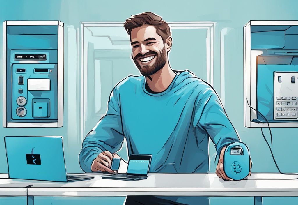 Moderne digitale Malerei mit Blau als Hauptfarbe, lächelnde Person interagiert zufrieden mit einem modernen Trezor Safe 3, sichere und benutzerfreundliche Erfahrung.