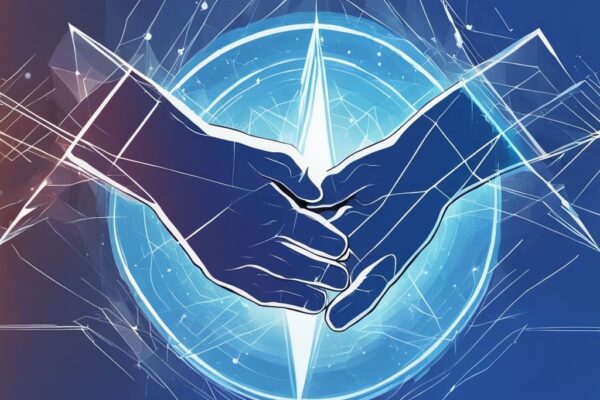 Moderne digitale Illustration in Blau, zwei Hände symbolisieren verschiedene Ethereum-Entitäten, die ein neues, vereintes Ethereum-Symbol vor einem digitalen Netzwerk-Hintergrund formen, Ethereum Merge.