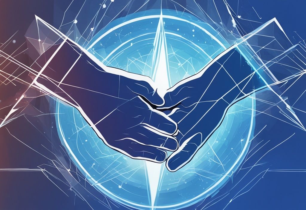 Moderne digitale Illustration in Blau, zwei Hände symbolisieren verschiedene Ethereum-Entitäten, die ein neues, vereintes Ethereum-Symbol vor einem digitalen Netzwerk-Hintergrund formen, Ethereum Merge.