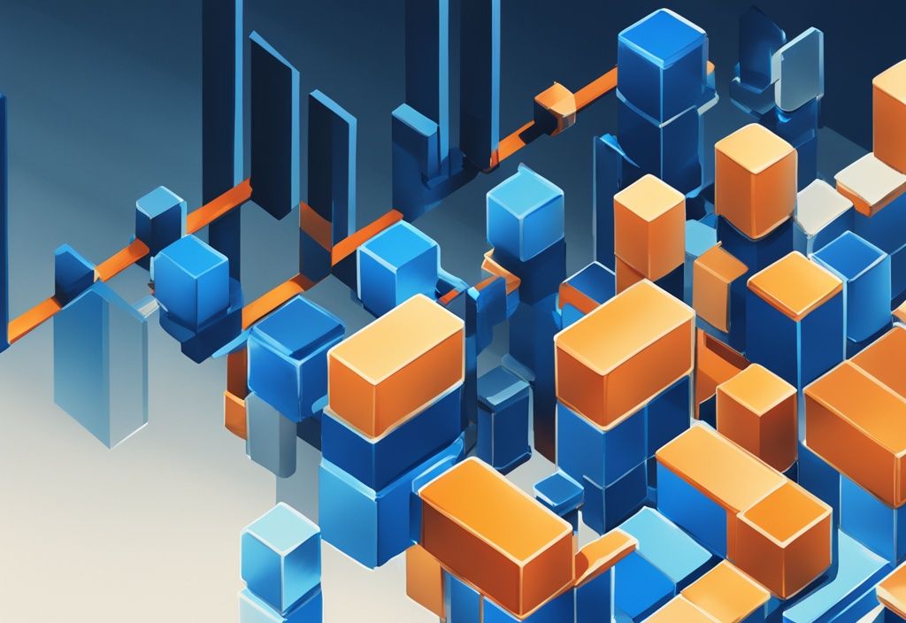 Moderne digitale Malerei mit blauem Farbschema, zeigt eine komplexe Kette aus Blöcken über einem aufsteigenden Aktienmarktgraphen, symbolisiert vielversprechende Prognose für Argo Blockchain.