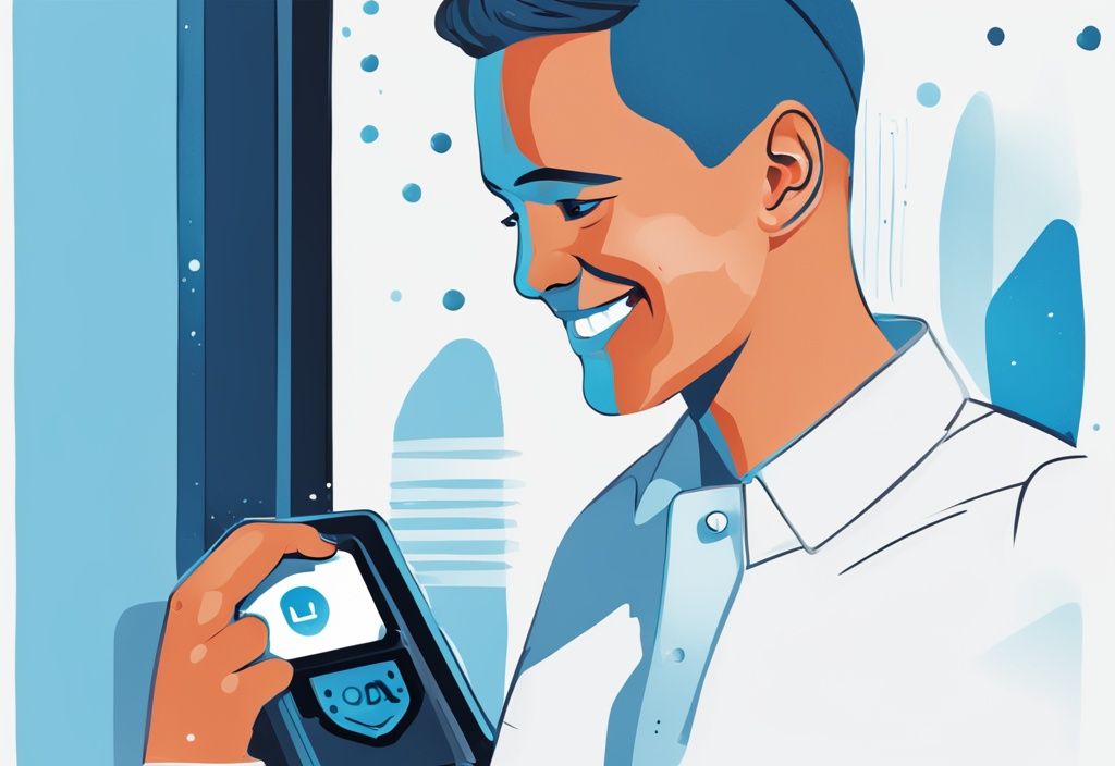 Moderne digitale Illustration eines lächelnden Menschen, der mit einem Trezor Safe 3 interagiert, blaues Farbschema, sichere und benutzerfreundliche Erfahrung
