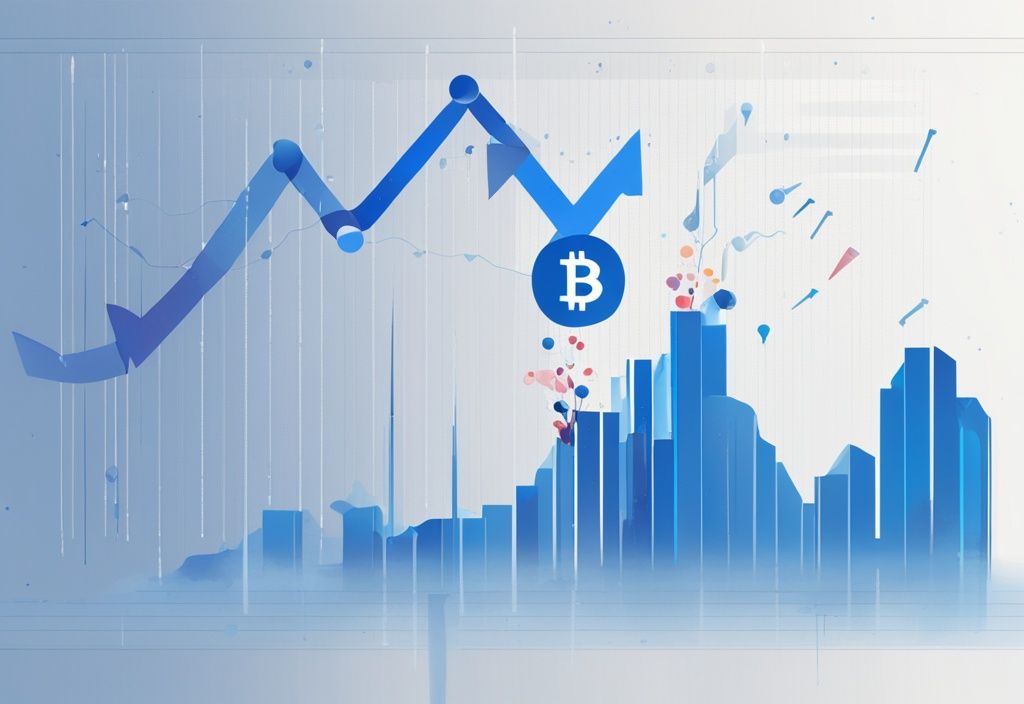 Moderne digitale Malerei mit blauem Farbschema, Diagramm mit Abwärtstrend, symbolisiert fallende Kryptowert, Fragezeichen zeigt Unsicherheit und Verwirrung, warum fällt Krypto.